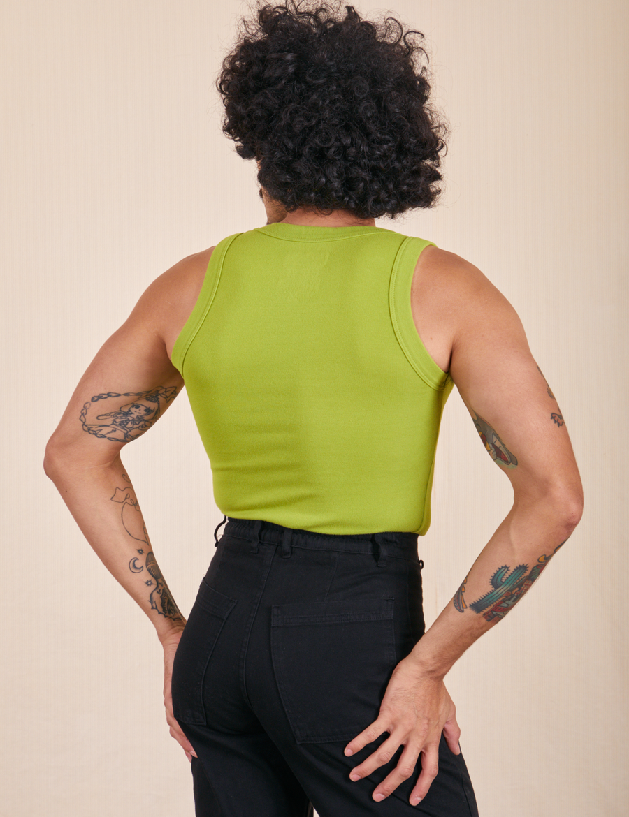 The Tank Top in Gross Green back view on Jesse