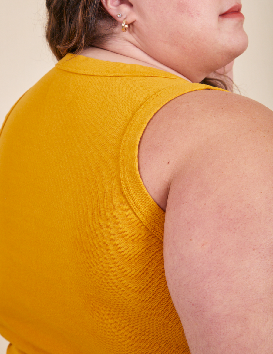 The Tank Top in Mustard Yellow back close up on Mara