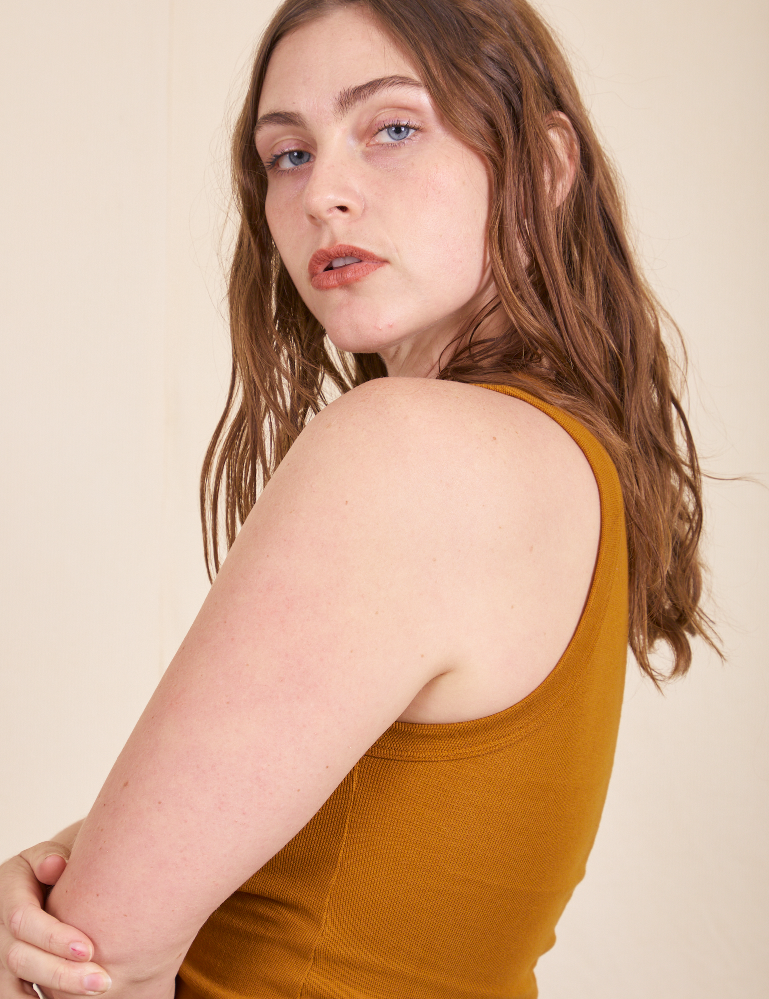 Side view of Tank Top in Spicy Mustard on Allison